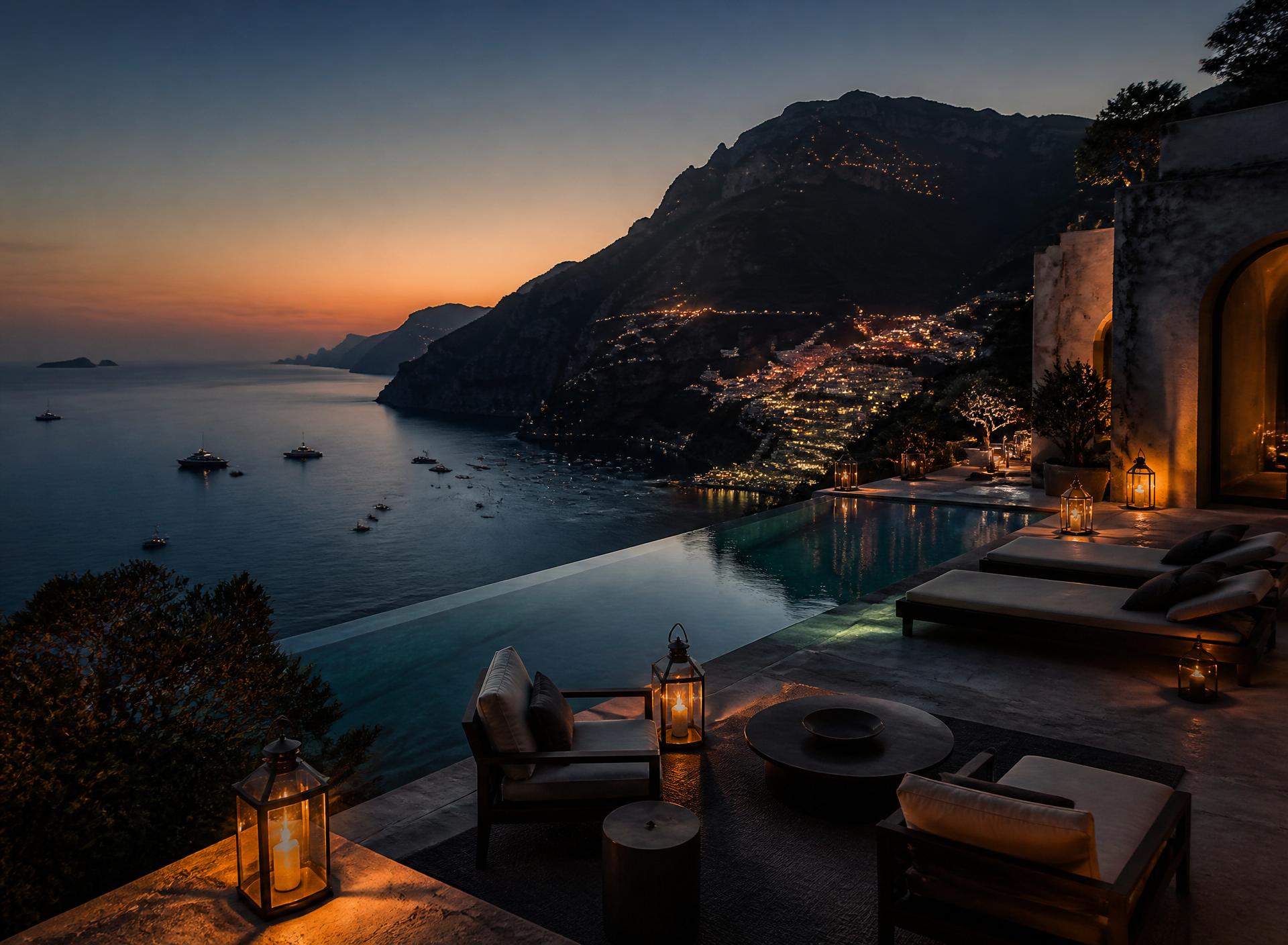 Private terrace overlooking the coast at dusk
